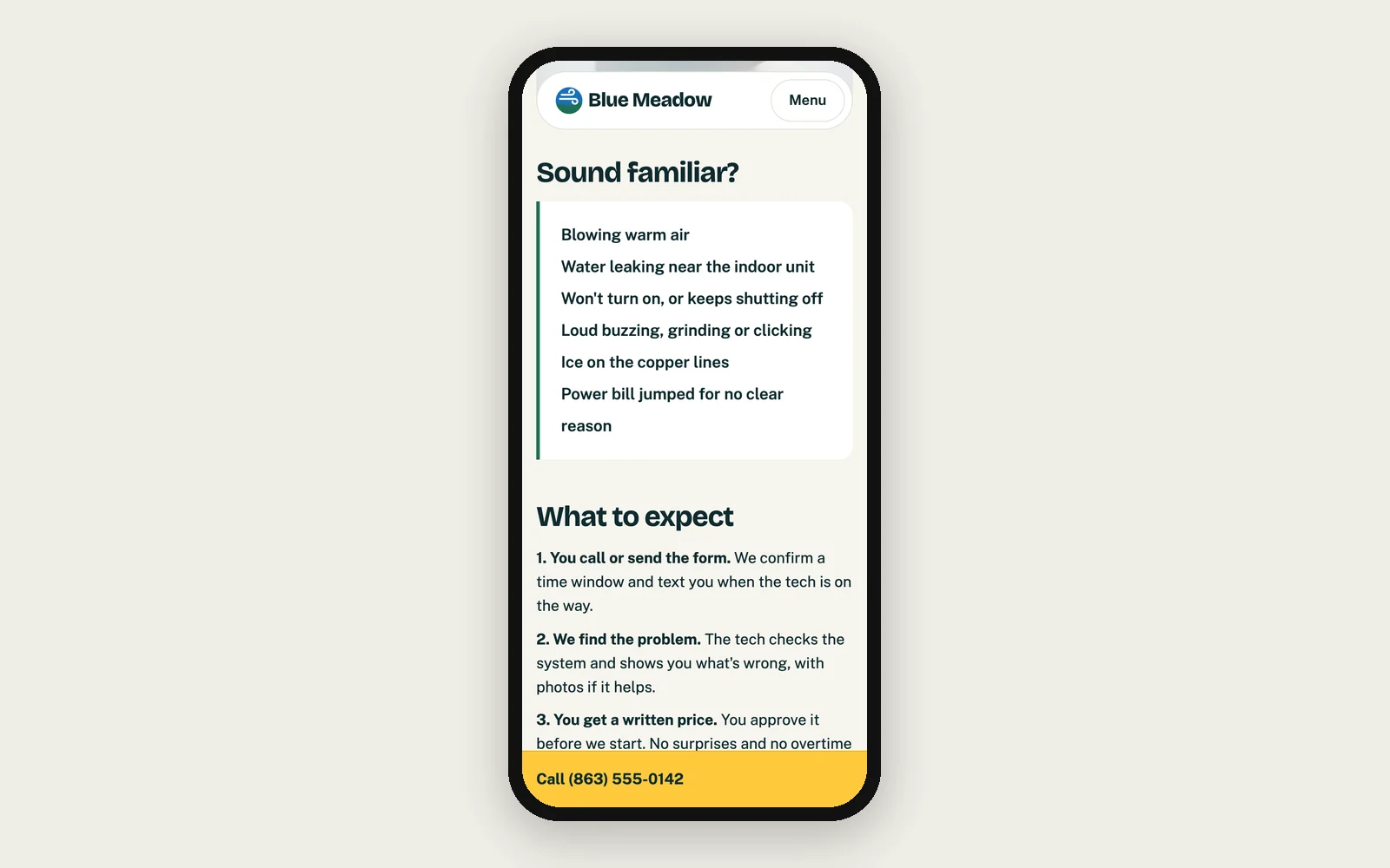 Blue Meadow AC repair page on a phone: a checklist of common AC symptoms and what to expect from a visit