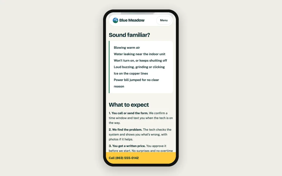 Blue Meadow AC repair page on a phone: a checklist of common AC symptoms and what to expect from a visit
