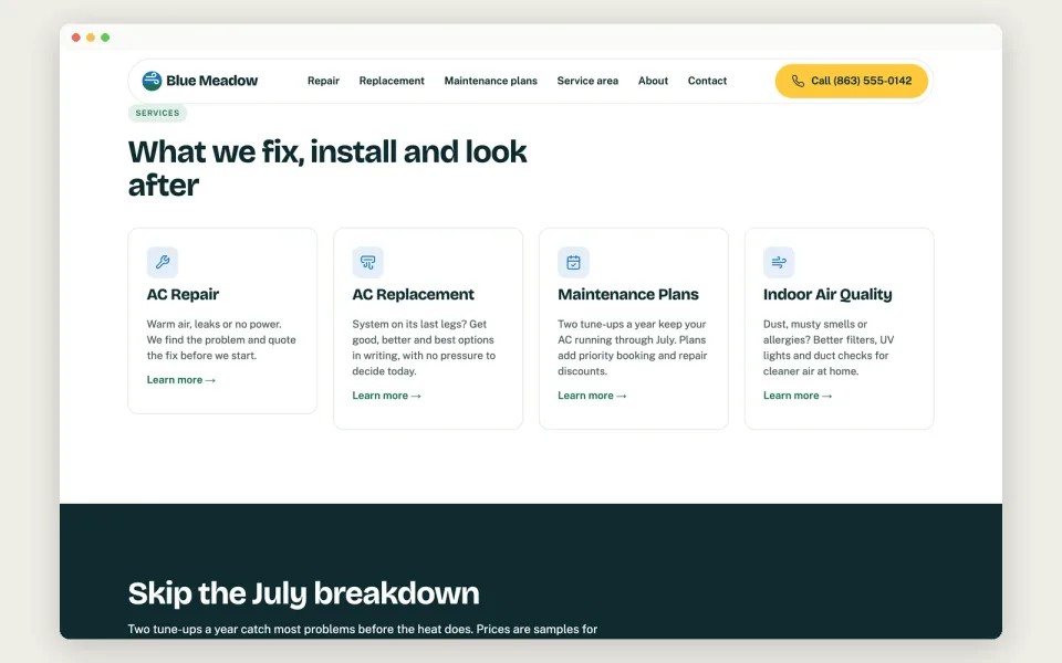 Blue Meadow services section on desktop: AC repair, AC replacement, maintenance plans and indoor air quality cards