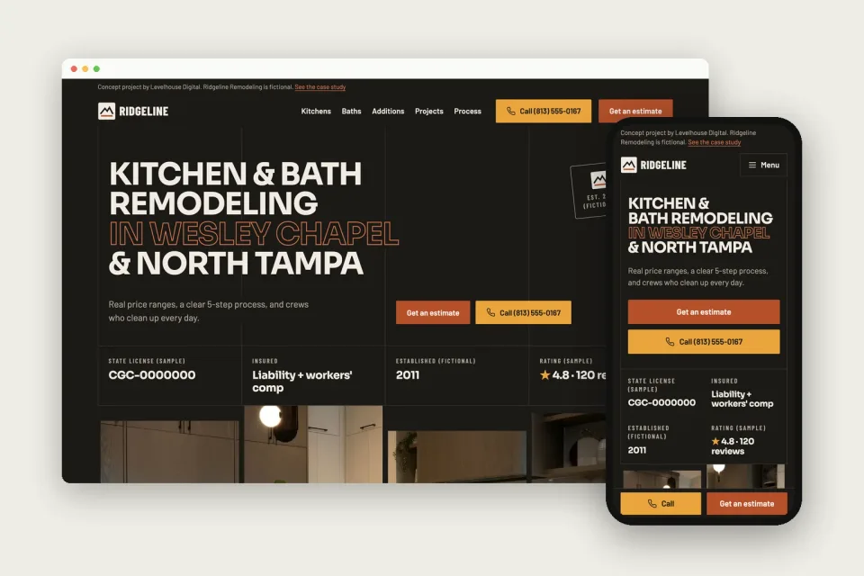 Ridgeline Remodeling concept site shown in a browser window and on a phone