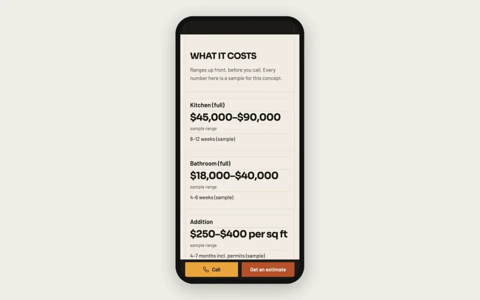 Ridgeline pricing on a phone: sample price ranges and timelines for kitchens, baths and additions