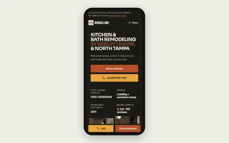 Ridgeline home page on a phone: headline, estimate and call buttons, and sample license and rating details