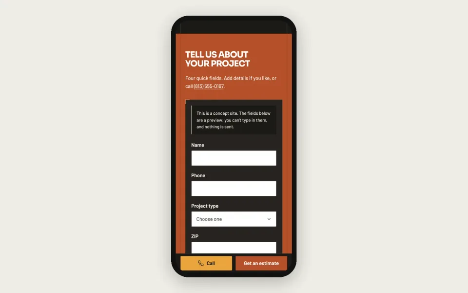Ridgeline estimate form on a phone: name, phone, project type and ZIP code