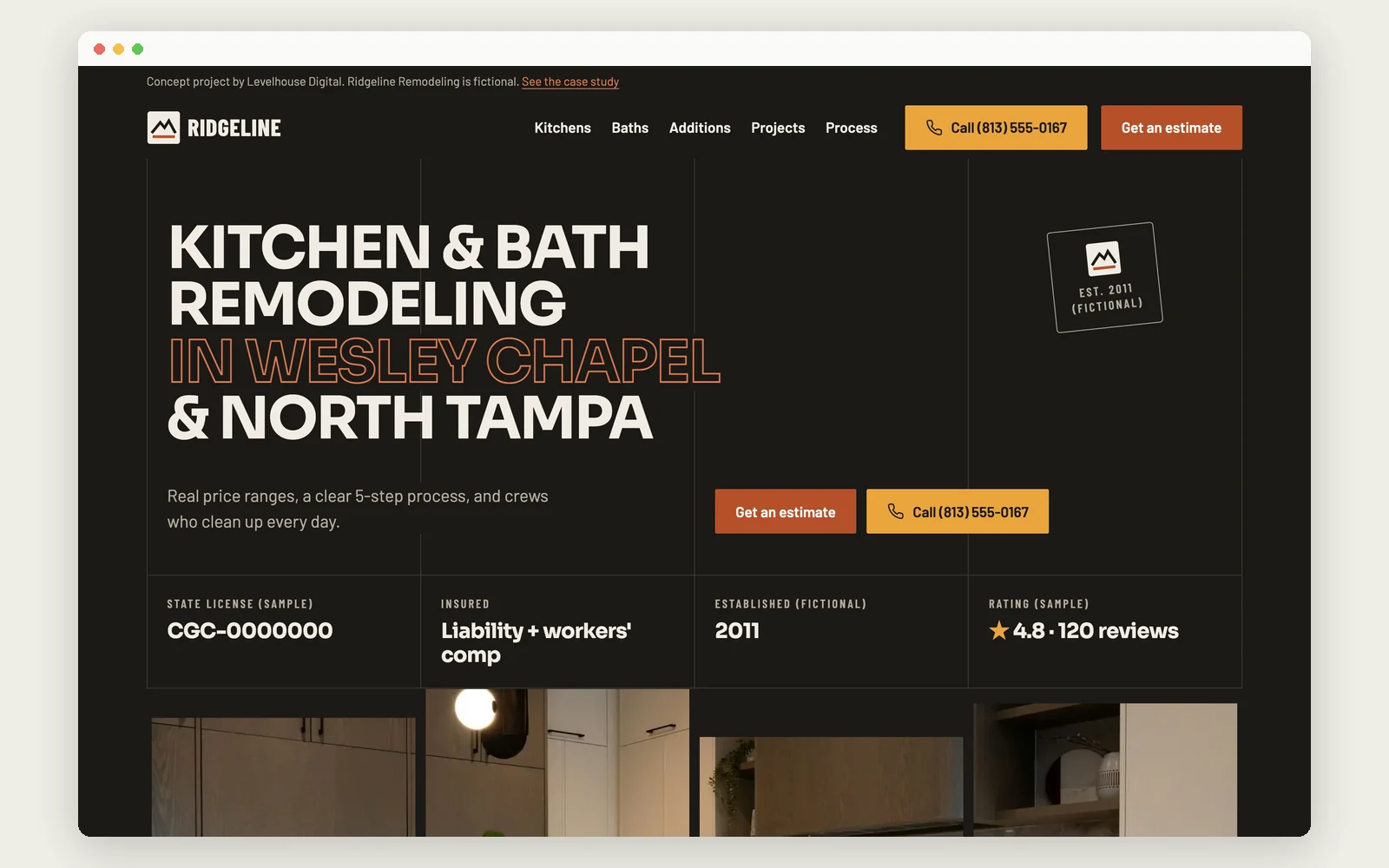 Ridgeline home page on desktop: headline, estimate and call buttons, and the trust details row