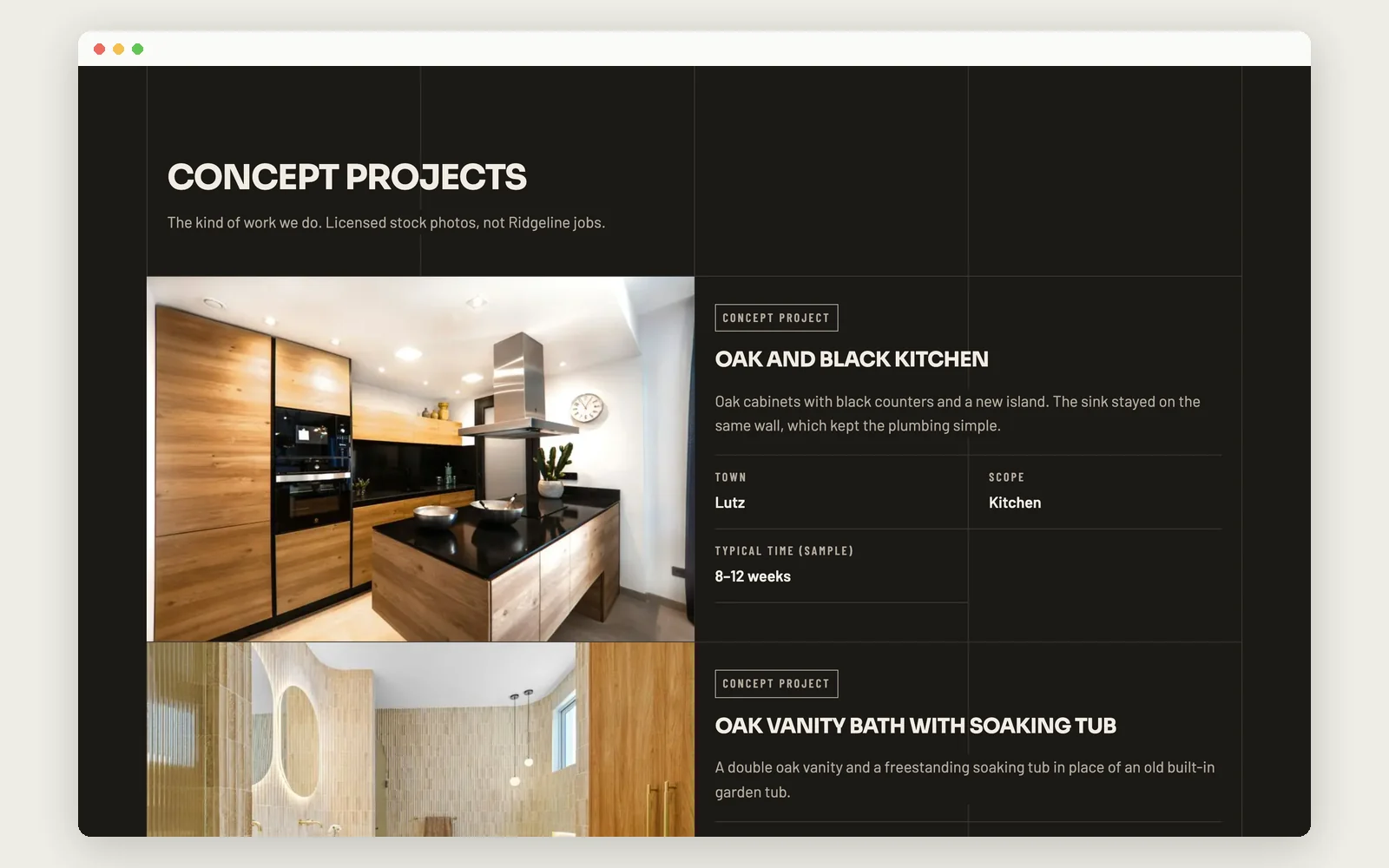 Ridgeline concept projects section with labeled stock photos of a kitchen and a bathroom